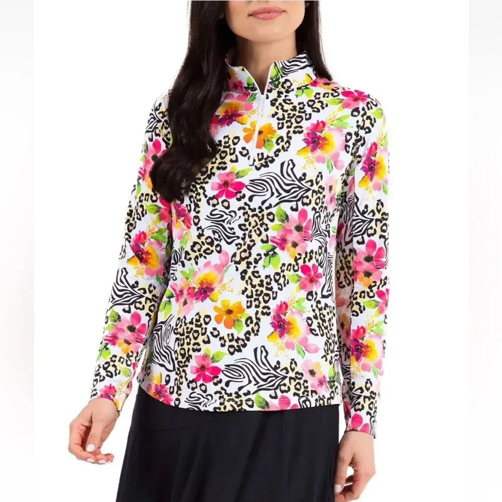 IBKUL Eva Mock Neck Top XS S XL XXL Hot Pink Long Sleeve Zip Shirt UPF 50 Golf